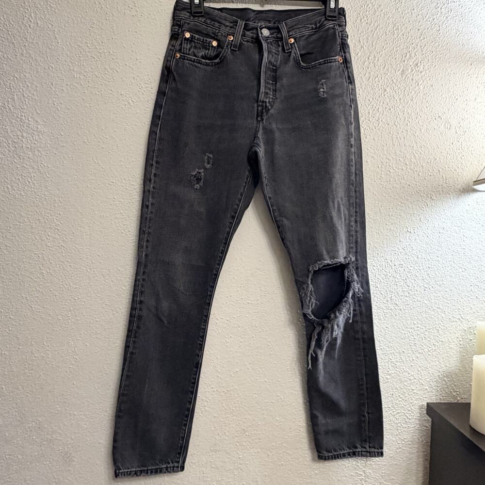Levi’s 501 S Skinny Jeans W25 L28 Black Distressed Button Fly Big E